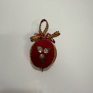 Vintage Bead Sequin Midcentury Red Gold Ornament W/ Velvet Cord 4”